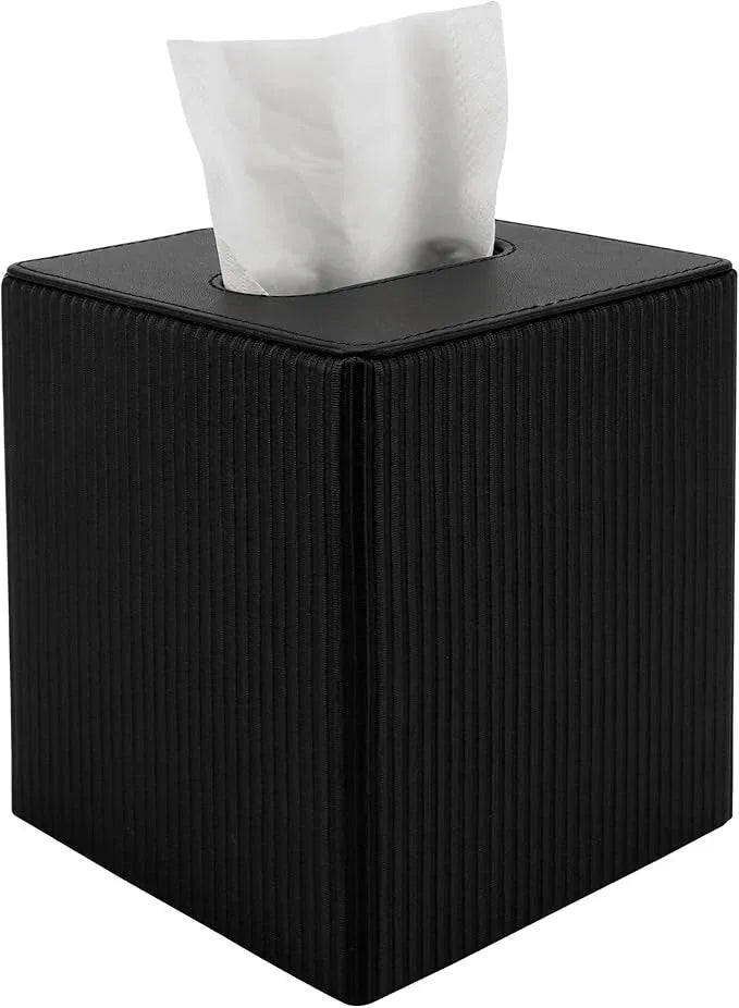 DODAMOUR Vertical Stripe Tissue Box Cover Cube – Ribbed PU Leather Square Holder, Magnetic Bottom Napkin Dispenser for Modern Office, Car, Desk (Black) - ModernBath