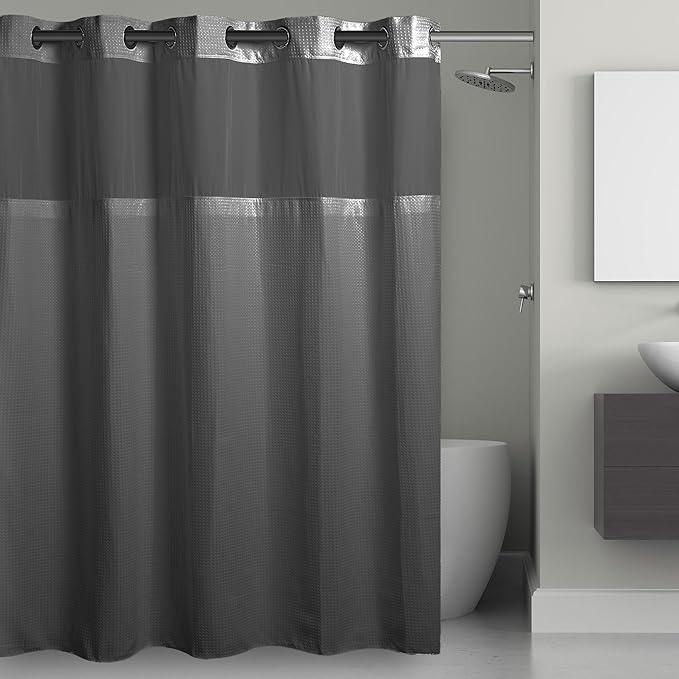 Hookless It's A Snap! 3-in-1 Shower Curtain With Waffle Fabric, Sheer Top Window, Flex-On Rings & Liner, 71" x 74", Graphite Grey - ModernBath