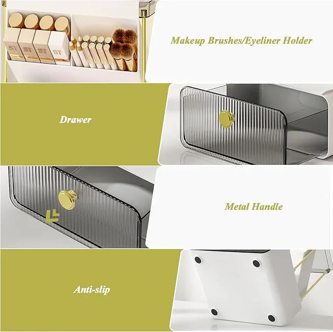 FOLLOWIN Bathroom Counter Organizers and Storage with Drawer,Cosmetic Organizer with Make Up Brush Holder,Perfume Makeup Shelf,3-Tier Vanity Storage,Smoky Gray - ModernBath