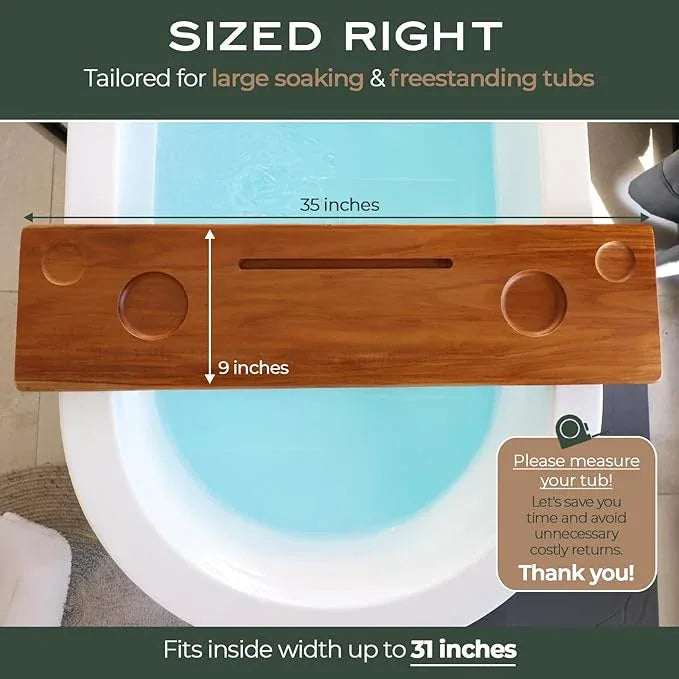 Grand Fjord | Teak Bathtub Tray for Large Soaking Tub | Extra Long 35” Luxury Bath Caddy for Freestanding Tubs | Minimalist Wooden Tub Tray with Candle Holders & Premium Towel by JapandiSpirit - ModernBath