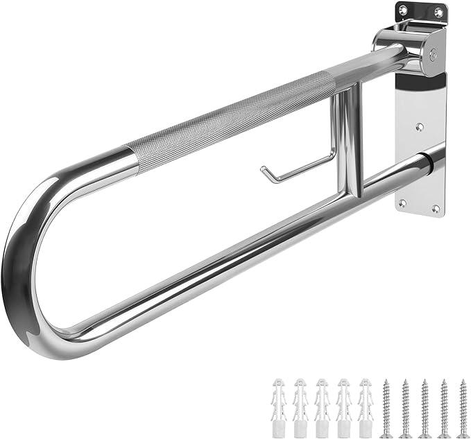 Handicap Grab Bar, 29.5 Inch Stainless Steel Toilet Safety Rails, Disabled Flip-Up Bathroom Grab Bars with Paper Holder, Anti-Slip Toilet Handrails Hand Grips Handicap Grab Bars for Elderly - ModernBath