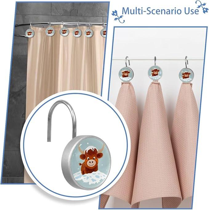 Cartoon Snow Highland Calf Shower Curtain Hooks Rings, Stainless Steel Rust Proof Shower Curtain Hooks, Decorative Shower Hooks for Bathroom Shower Rods Curtains, Set of 12 - ModernBath