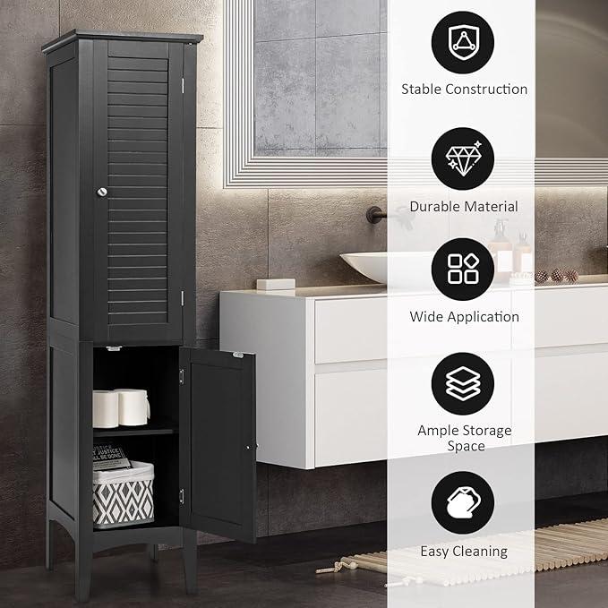 Giantex Storage Cabinet Bathroom High Cabinet with 5 Tier Shelves, Freestanding Slim Cabinet, Tall Organizer for Bathroom, Kitchen, Living Room, Linen Tower Narrow Floor Cabinet (Black) - ModernBath