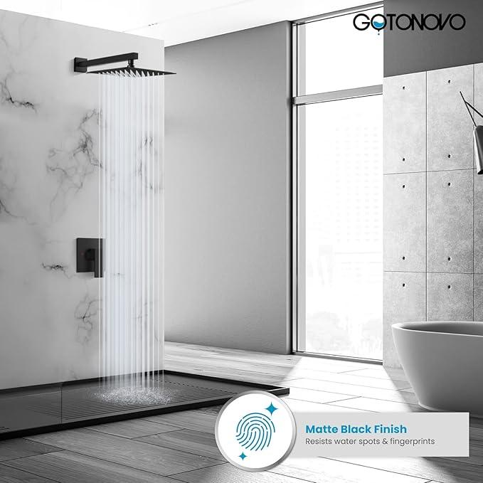 gotonovo Rainfall Shower Faucet Set System Shower Trim Kit with 10 Inch Rain Shower Head Bathroom Mixer Shower Complete Combo Single Handle Wall Mounted Female Thread Rough-in Valve Matte Black - ModernBath