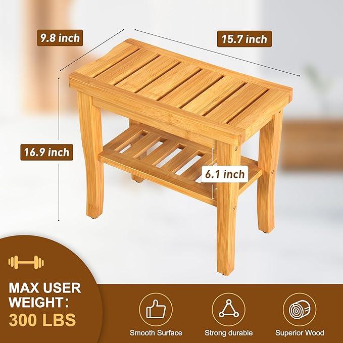 Bamboo Shower Bench Stool with Storage Shelf Waterproof Shower Chair Spa Bath Seat First Apartment Essentials New Home Must Haves Things Stuff Accessories House Warming Hostess Host - ModernBath