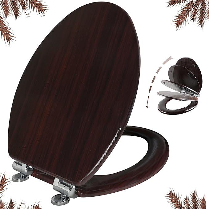 Elongated Toilet Seat Molded Wood Toilet Seat with Quietly Close and Quick Release Hinges, Easy to Install also Easy to Clean by Angol Shiold (Elongated, Dark Brown) - ModernBath