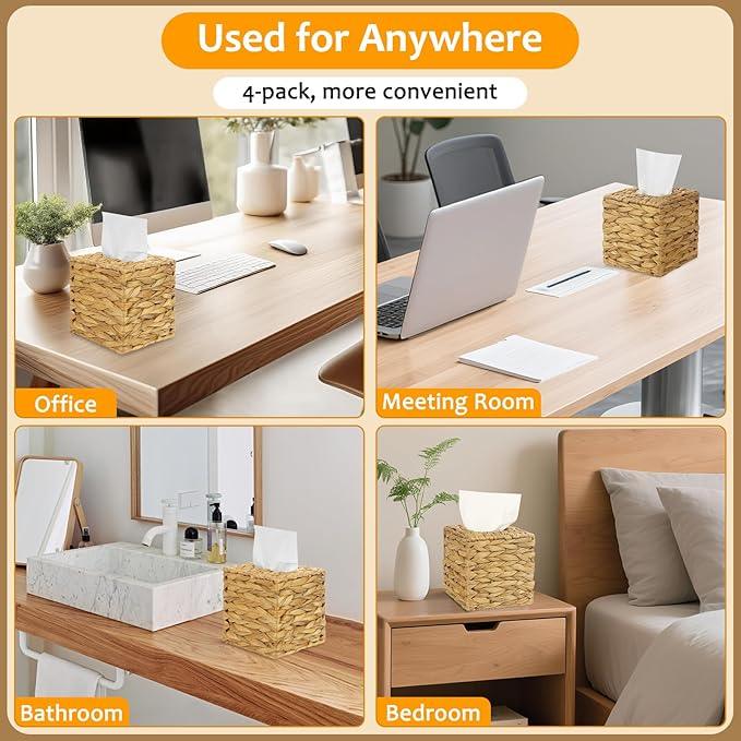 4 Pack Water Hyacinth Tissue Box Cover – Handwoven Rattan Square Holder, Natural Boho Decorative Organizer for Facial Tissues in Bathroom, Living Room, Bedroom & Office - ModernBath