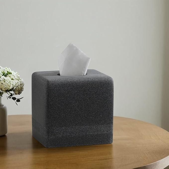 Haocoott Tissue Box Cover Square, Resin Facial Tissue Holder Covers Cube Toilet Paper Holder Case Dispenser Home Decorative for Bathroom Kitchen Bedroom Living Room Office (Black) - ModernBath