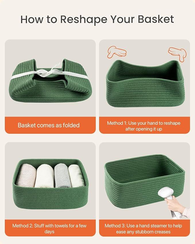 Small Woven Basket, 13.5 x 9.5 x 5 Inches, Storage Basket for Organizing, Cute Small Rope Shelf Closet Cube Storage Bins Baskets for Shelves, Dog Toy Gift Baskets Empty, 3 Pack, Green - ModernBath
