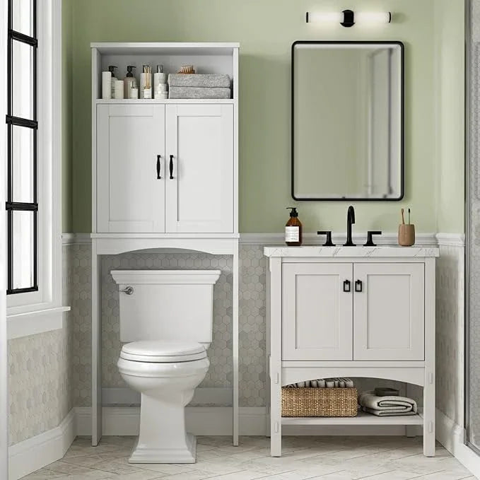 Over The Toilet Storage Cabinet, Over Toilet Bathroom Organizer with Adjustable Shelf and Double Doors, Space Saver Shelf Above Toilet Storage Cabinet (White) - ModernBath