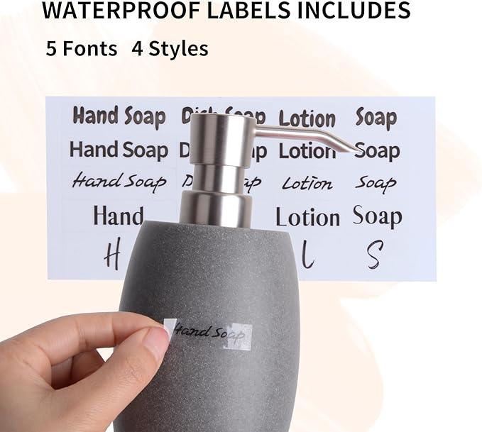 Clasin Home Sandstone Textured Resin Soap Dispenser with Metallic Pump and Waterproof Bottle Labels for Bathroom Kitchen Dish Hand Wash Shower Lotion Shampoo, 12 Oz, Gray - ModernBath
