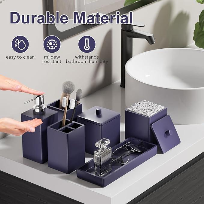 Navy Blue Bathroom Accessories Set Resin 6PCS, Square Toothbrush Holders Set Complete with Soap Dispenser, Vanity Tray, Tumbler, Cups and Cotton Swab Jars for Counter, Sink or Small Spaces - ModernBath