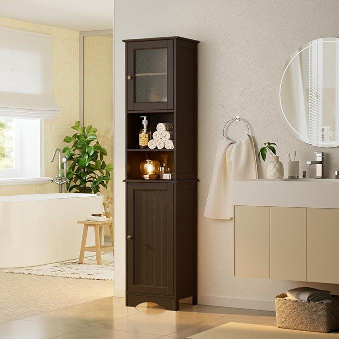 Gizoon Tall Bathroom Storage Tower, Freestanding Linen Cabinet with Two-Way Doors, Adjustable Shelves, Anti-Tip Floor Cabinet, for Home, Kitchen, Living Room, Dark Brown - ModernBath