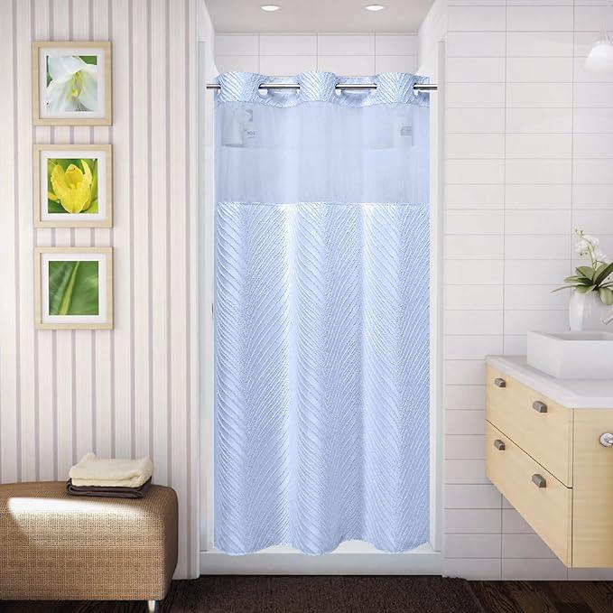 eachope stall no Hook Tufted Shower Curtain with snap in Liner Set, White Waterproof Fabric Inner Liner,Boho Style Shower Curtain with See Through top Window, FrostBlue, 36Wx74H - ModernBath