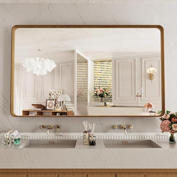 LOAAO 60X30 Inch Bathroom Mirror with Wood Grain Colored Metal Frame, Rounded Rectangle Metal Framed Bathroom Mirror, Anti-Rust, Hangs Horizontally or Vertically, Tempered Glass - ModernBath