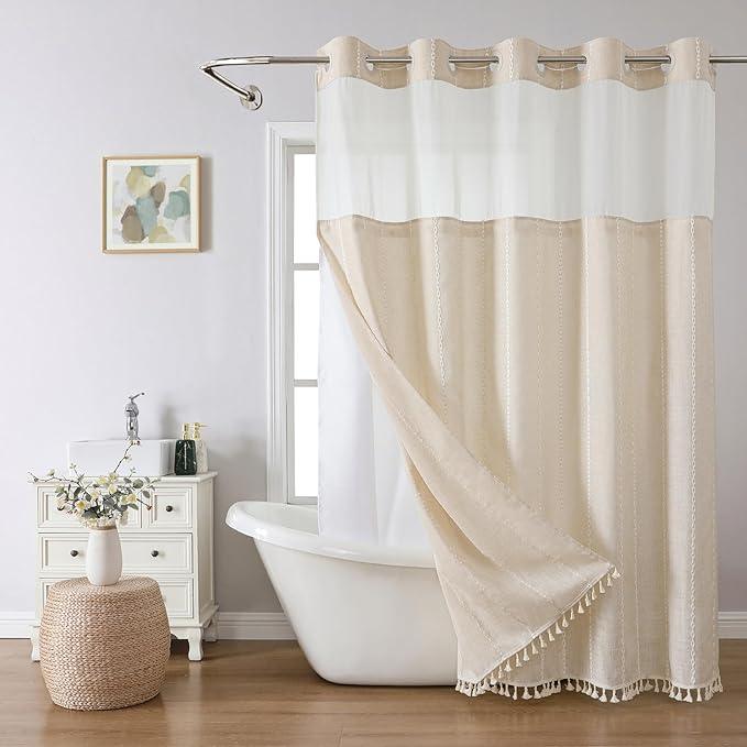 eachope No Hook Extra Long Shower Curtain Set with Snap-in Liner,Linen Textured Thick Striped Fabric with Tassels,Boho Chic Modern Farmhouse Bathroom Curtain,Water-Repellent,Cream/Beige,71x86 - ModernBath