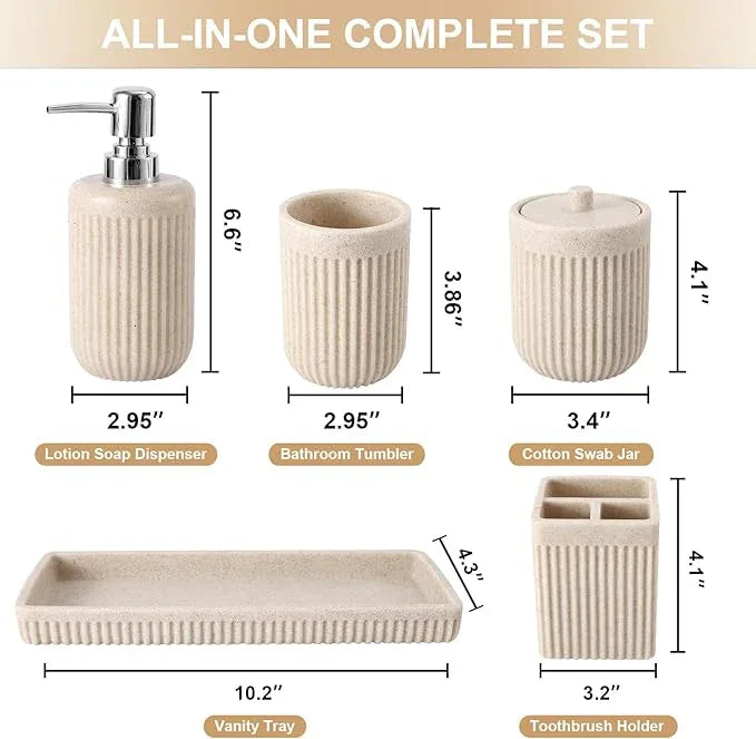 XLHOMO Resin Beige Bathroom Accessories Set 5 Pcs, Lotion Soap Dispenser, Toothbrush Holder, Bathroom Tumbler, Qtip Holder and Vanity Tray, Bathroom Countertop Organizer Set for Modern Home Apartment - ModernBath
