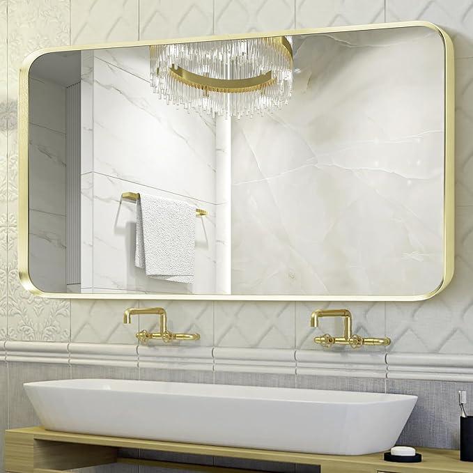 Minuover Gold Metal Framed Bathroom Mirror for Wall, Large Brushed Gold Rounded Corner Rectangular Bathroom Vanity Mirror, Anti-Rust, Tempered Glass, Hangs Horizontally or Vertically (30" x 55", Gold) - ModernBath