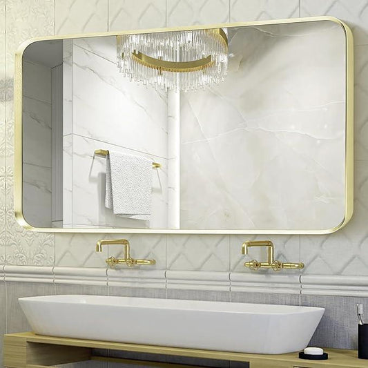 Minuover Gold Metal Framed Bathroom Mirror for Wall, Large Brushed Gold Rounded Corner Rectangular Bathroom Vanity Mirror, Anti-Rust, Tempered Glass, Hangs Horizontally or Vertically (30" x 55", Gold) - ModernBath
