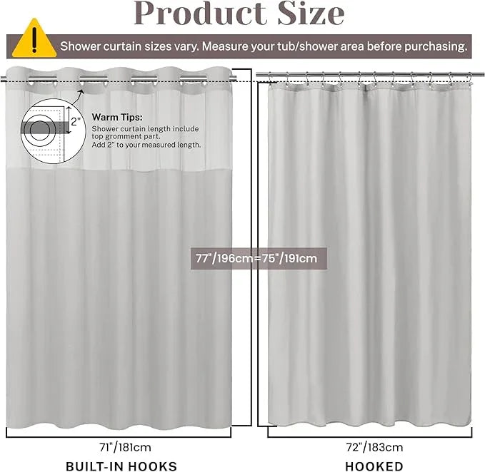 SORTTO No Hook Slub Textured Shower Curtain with Snap in Liner - Light Grey Fabric Outer Curtain & Waterproof Inner Liner, Hotel Style with See Through Top Window, 71x77 in - ModernBath