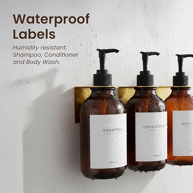 MaisoNovo Shampoo and Conditioner Dispenser - Shower Soap Dispenser Wall Mounted - 16.9 fl oz Set of 3 Amber Plastic Bottles Black Pump - 3 Chamber No Drill - ModernBath