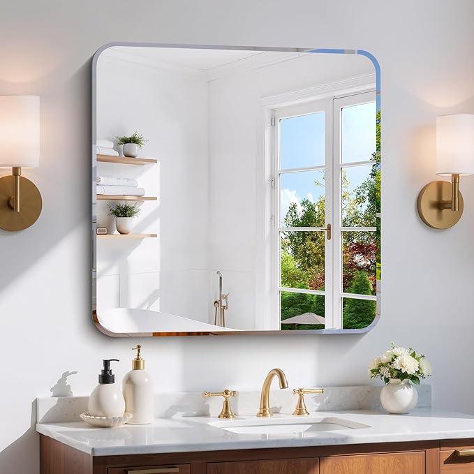 CILIBER Beveled Mirror 30"x30", Square Frameless Bathroom Mirror Rounded Corner, Framless Vanity Mirror Shatterproof Tempered Glass Lightweight Design for Bedroom Living Room Entryway - ModernBath