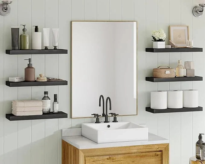 Fixwal 15.8in Black Floating Shelves, Set of 6 Wood Shelves, Farmhouse Shelf Wall Decor for Bathroom, Bedroom, Living and Kitchen Room - ModernBath