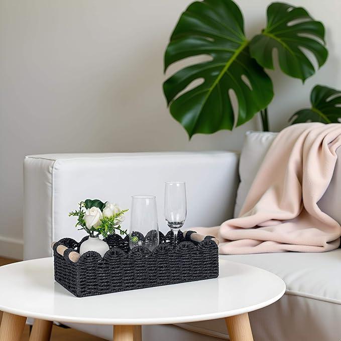 CubesLand Toilet Paper Storage Basket Scalloped Edge Home Decor Basket, Living Room Cozy Decor, Paper Rope Small Baskets for Over Toilet Storage Shelf, End Table, Shelves, with 2 Wooden Handles, Black - ModernBath
