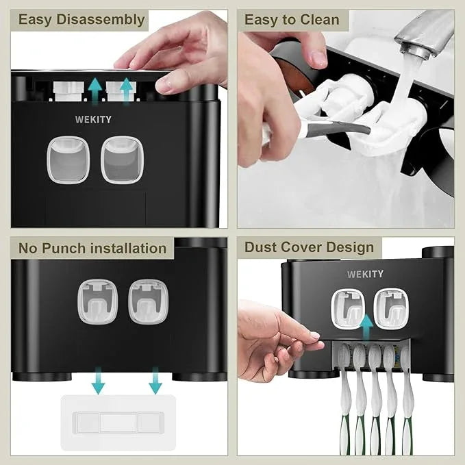 Toothbrush Holder Multi-Function Wall-Mounted, Automatic Toothpaste Dispenser & Dust-Proof Toothbrush Holder with 5 Brush Slots 4 Cups 2 Automatic Toothpaste Dispensers 1 Storage Slot (Black) - ModernBath