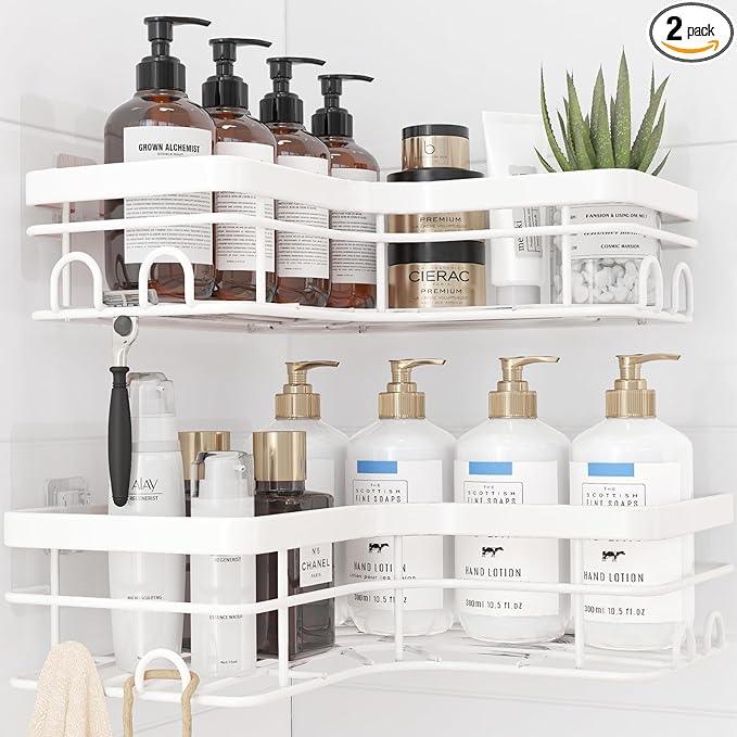 Corner Shower Caddy - 2 Pack, Adhesive Shower Organizers, Rustproof Stainless Steel Shower Shelves with 8 Hooks, No Drilling Bathroom Organizers and Storage Racks, Space-Saving, White, X-Large - ModernBath