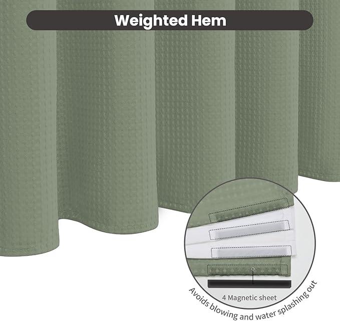 Inhousolu No Hook Waffle Weave Shower Curtain with Removable Snap in Fabric Liner Set for Bathroom, 230 GSM Heavy Duty Weighted Hem, Water Repellent Washable Bath Curtains, 72 x 72 Inch, Sage Green - ModernBath