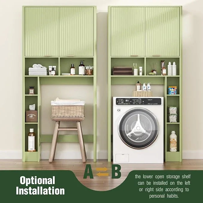 31" W Over The Toilet Storage Cabinet with Fluted Door, Green Bathroom Organizer with Adjustable Shelf, 67''H Tall Natural Toilet Paper Holder Stand Wave Door for Restroom, Laundry Room - ModernBath