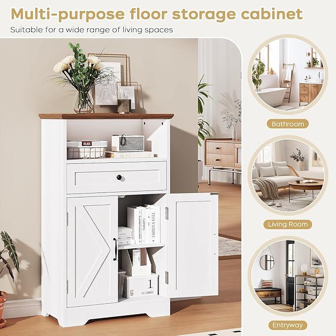 Floor Cabinet, Farmhouse Storage Cabinet with Barn Doors and Drawer, 11.81" D x 23.62" W x 39.37" H White Freestanding Adjustable Shelf Organizer for Bathroom, Kitchen, Living Room - ModernBath