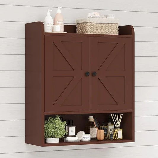 EasyCom 22" W x 26" H Bathroom Wall Cabinet, Farmhouse Medicine Cabinet with Adjustable Shelves and Double Barn Doors, Over The Toilet Storage Cabinet for Bathroom, Kitchen, Living Room, Russet - ModernBath