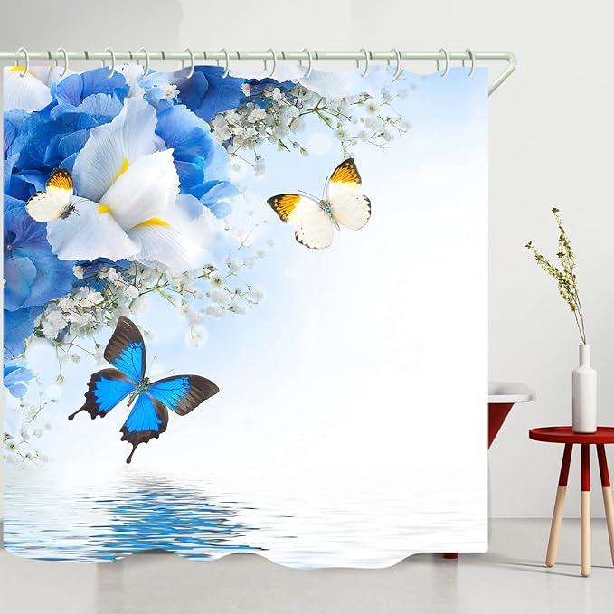 LYFANS Shower Curtains Waterproof Polyester Fabric,Large Width Bright Partition Curtain with Blue Butterfly Print,Shower Curtain Liner for Bathtub Bathroom with 12 White Hooks (72 x72 inches) - ModernBath