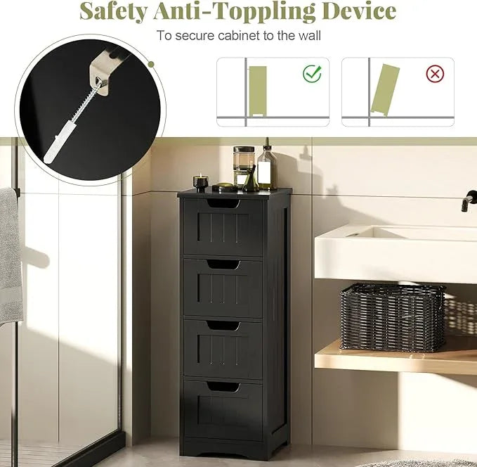 Tangkula Bathroom Floor Cabinet with 4 Drawers, 12 x 12 x 33 Inch, Freestanding Storage Cabinet for Bathroom Living Room, Wooden Cabinet Organizer Unit for Home Office (Black) - ModernBath