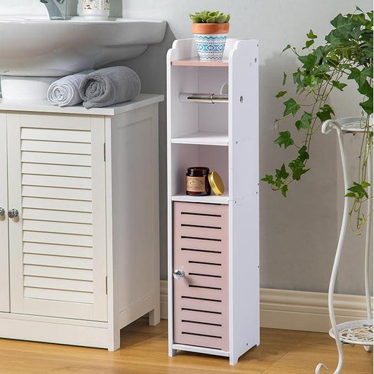 AOJEZOR Toilet Paper Holder Stand: Small Bathroom Storage Cabinet - Pinkish Rose - White - ModernBath