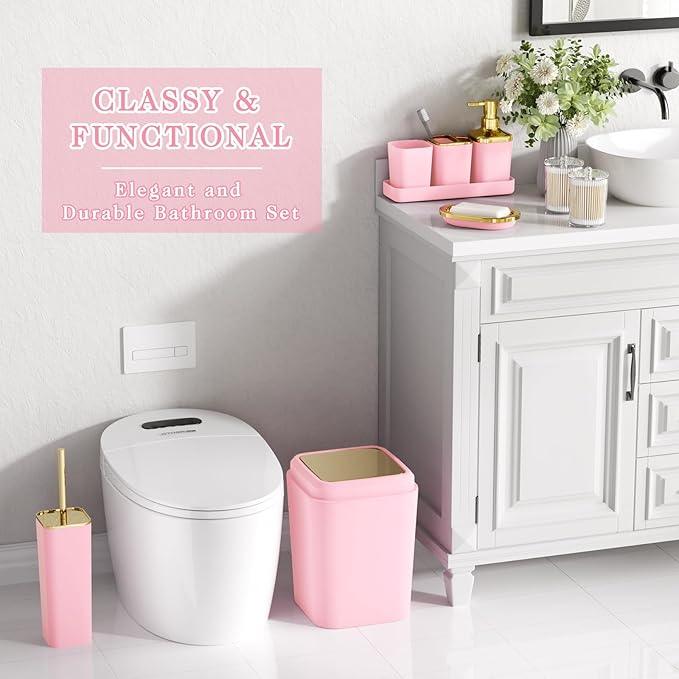 XLHOMO Pink Bathroom Accessories Set, Pink and Gold Bathroom Accessories with Trash Can, Soap Dispenser, Soap Dish, Toothbrush Holder and Q-tip Holders - ModernBath