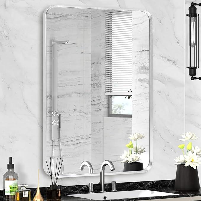 Minuover Silver Framed Bathroom Mirror, Brushed Nickel Rounded Corner Rectangle Wall Mirror, Tempered Glass, Shatter Proof, Anti-Rust, Hangs Horizontally or Vertically (22" x 30", Silver) - ModernBath