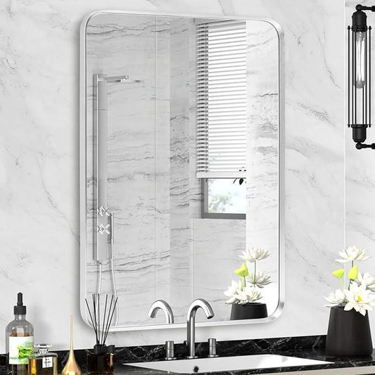 Minuover Silver Framed Bathroom Mirror, Brushed Nickel Rounded Corner Rectangle Wall Mirror, Tempered Glass, Shatter Proof, Anti-Rust, Hangs Horizontally or Vertically (22" x 30", Silver) - ModernBath