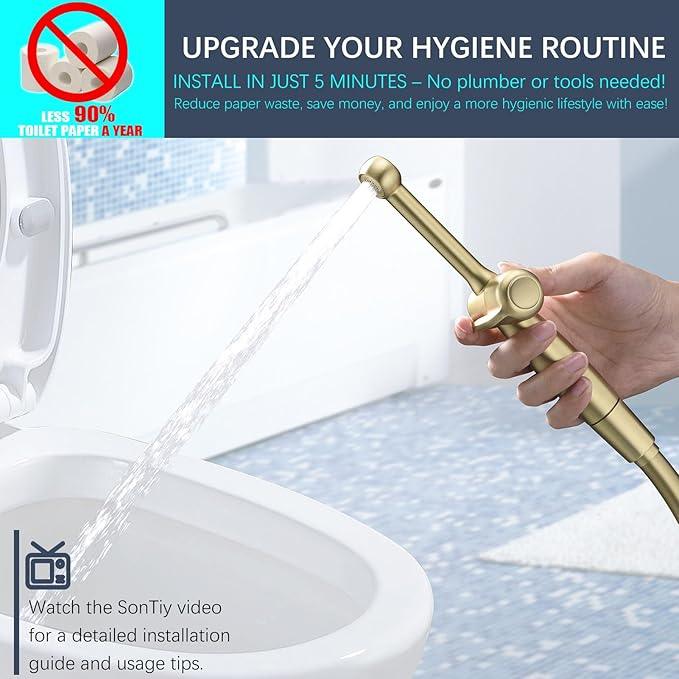 SonTiy Handheld Bidet Toilet Sprayer, Brass Cloth Diaper Sprayer Hand Held Bidet Attachment Jet Spray for Toilet with Backflow Preventer, 59" PVC Shower Hose and Shut Off Valve, Brushed Gold - ModernBath