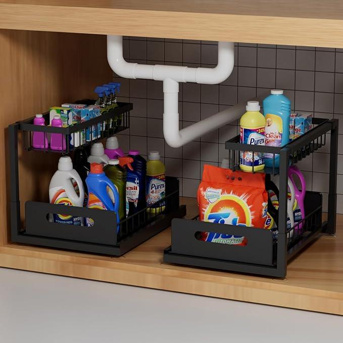 2-Tier Under Sink Slide Out Organizer, 2 Pack Pull Out Cabinet Storage Shelf with Sliding Wire Basket Drawer for Bathroom Kitchen, Countertop or Pantry Shelf, Black - ModernBath