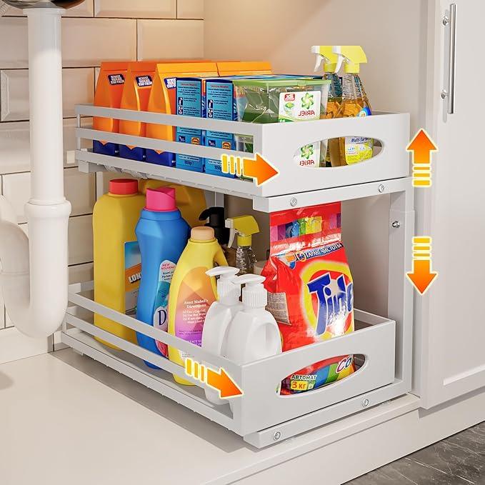 Under Sink Organizer, 2 Tier Under Sink Organizers and Storage, Adjustable Height, Slide out Metal Cabinet Organizers, Pull out Cabinet Storage Drawer Shelf for Kitchen Bathroom - ModernBath