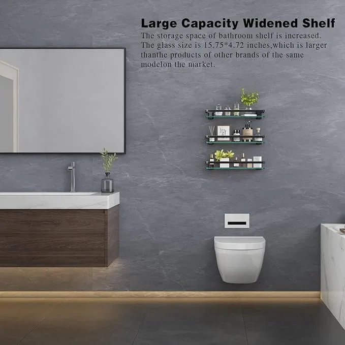 VOLPONE Bathroom Wall Shelf 15.7in Bathroom Glass Shelves Wall Mount Glass Shelf Rustproof Bathroom Wall Organizer 3 Tier (Black) - ModernBath