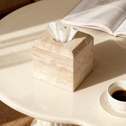 WORHE Tissue Box Cover Italy Natural Travertine Stone Heavy Duty Square Facial Toilet Paper Holder for Bathroom Living Room Bedroom Dresser Kitchen Minimalistic Office Home Decor Beige (TBC145WT) - ModernBath