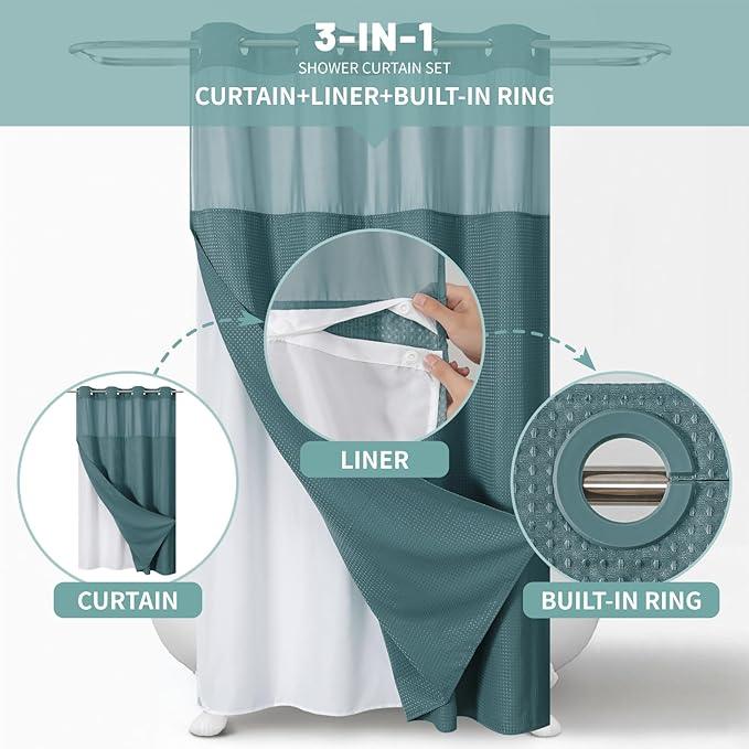 eachope SeawedGreen No Hook Waffle Weave Shower Curtain with snap-in Liner Replacement, 230GSM Waterproof Fabric Hotel Shower Curtain Set for Bathroom, Through Mesh Top Window,54Wx80H - ModernBath