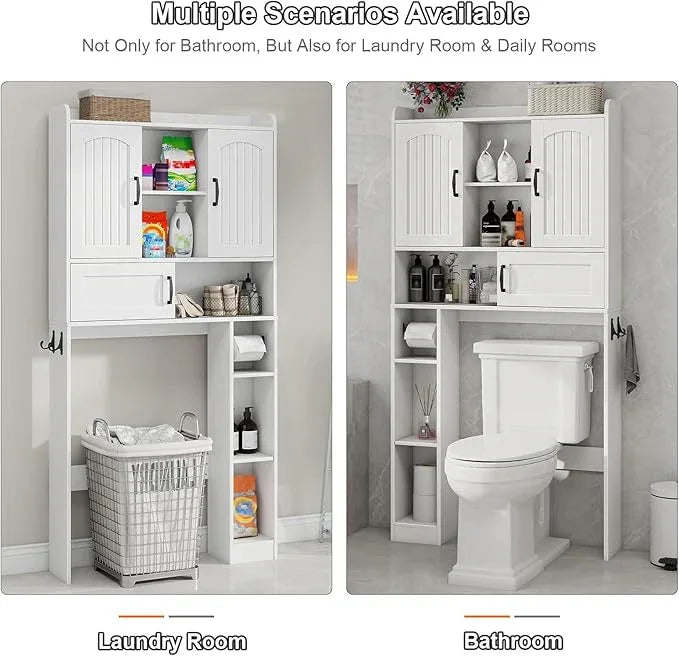 Vabches Farmhouse Over The Toilet Storage Cabinet with 2 Barn Doors & Sliding Door, Over The Toilet Bathroom Organizer with Open Storage Layer and Adjustable Shelves & Hooks.White - ModernBath
