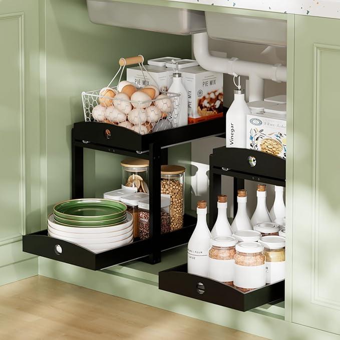 Bamboo Wood Under Sink Organizer 1 Pack, Pull Out Cabinet Organizer 2 Tier Under Sink Organizers and Storage with Sliding Drawer Sturdy Easy Assembly for Kitchen Bathroom Undersink (Black, 2 Packs) - ModernBath