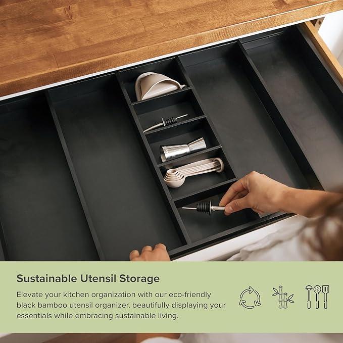 KitchenEdge Adjustable Kitchen Drawer Organizer for Utensils and Junk, Food-Safe Contract Grade with 100% Sustainable Wood, Expandable from 19 to 33 Inches Wide - Black Bamboo - ModernBath