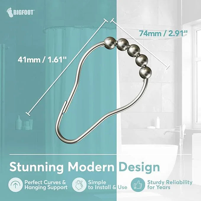 BigFoot Shower Curtain Hooks, Durable Stainless Steel, Rust Resistant, Easy Installation & Smooth Glide, Fits Standard Shower Rods, Metal Curtain Rings, 12 Pieces, Nickel Color - ModernBath